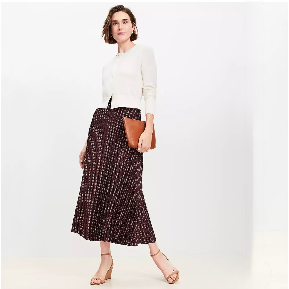 LOFT Burgundy Pleated Midi Skirt Bow Print Elastic Waist Feminine Chic NEW Large